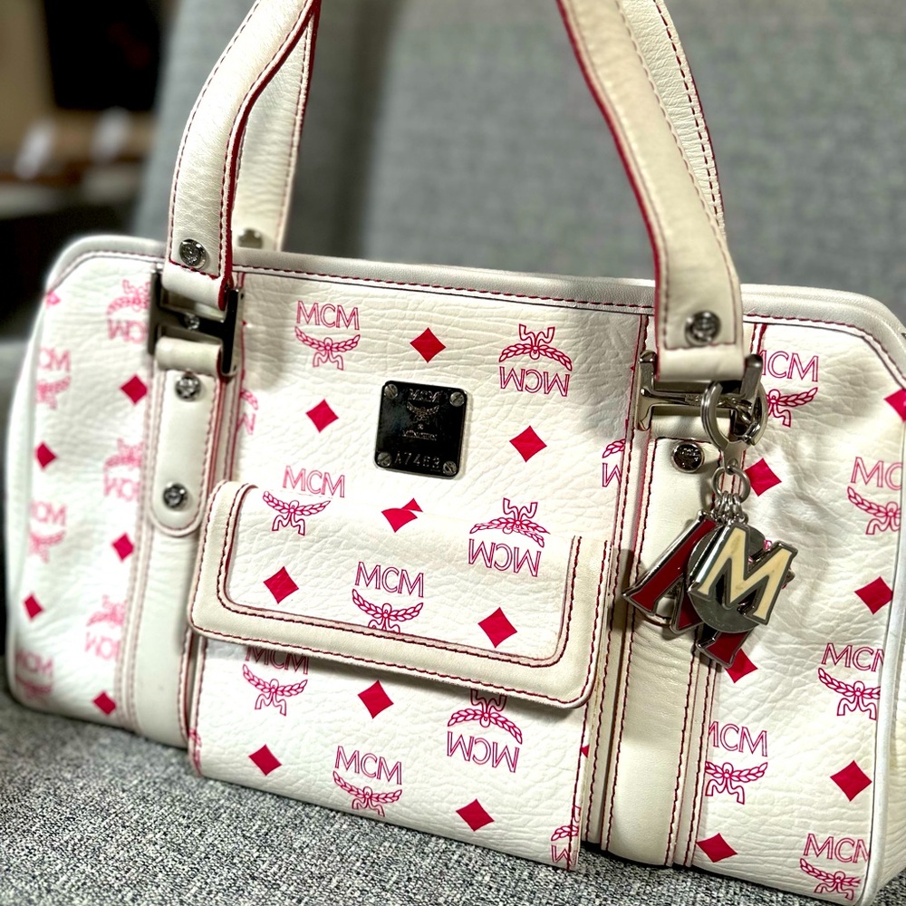 MCM Visetos Handbag in White and Pink